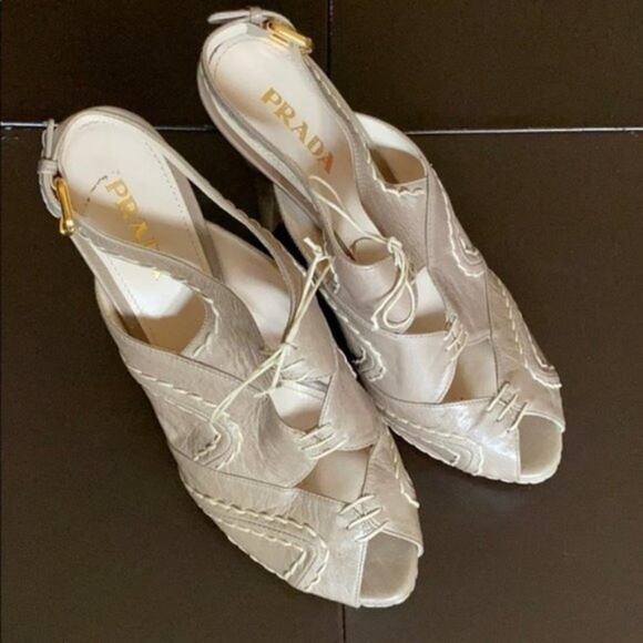 Prada Beige Platform Peeptoe Sandals - Picture 2 of 8
